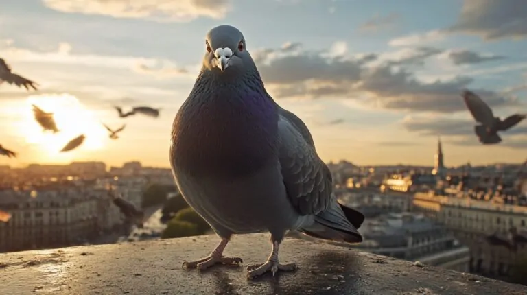 Rock Pigeon perched on a ledge with a city skyline and a sunset in the background, other pigeons flying nearby