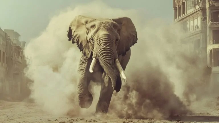 An elephant charging forward, surrounded by clouds of dust in an urban setting