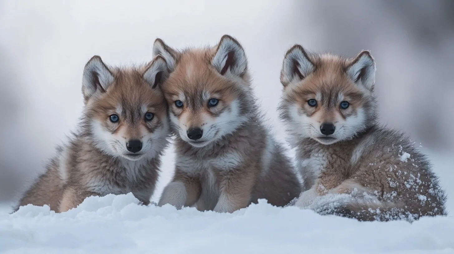 Three young wolf pups with blue eyes sitting in the snow
