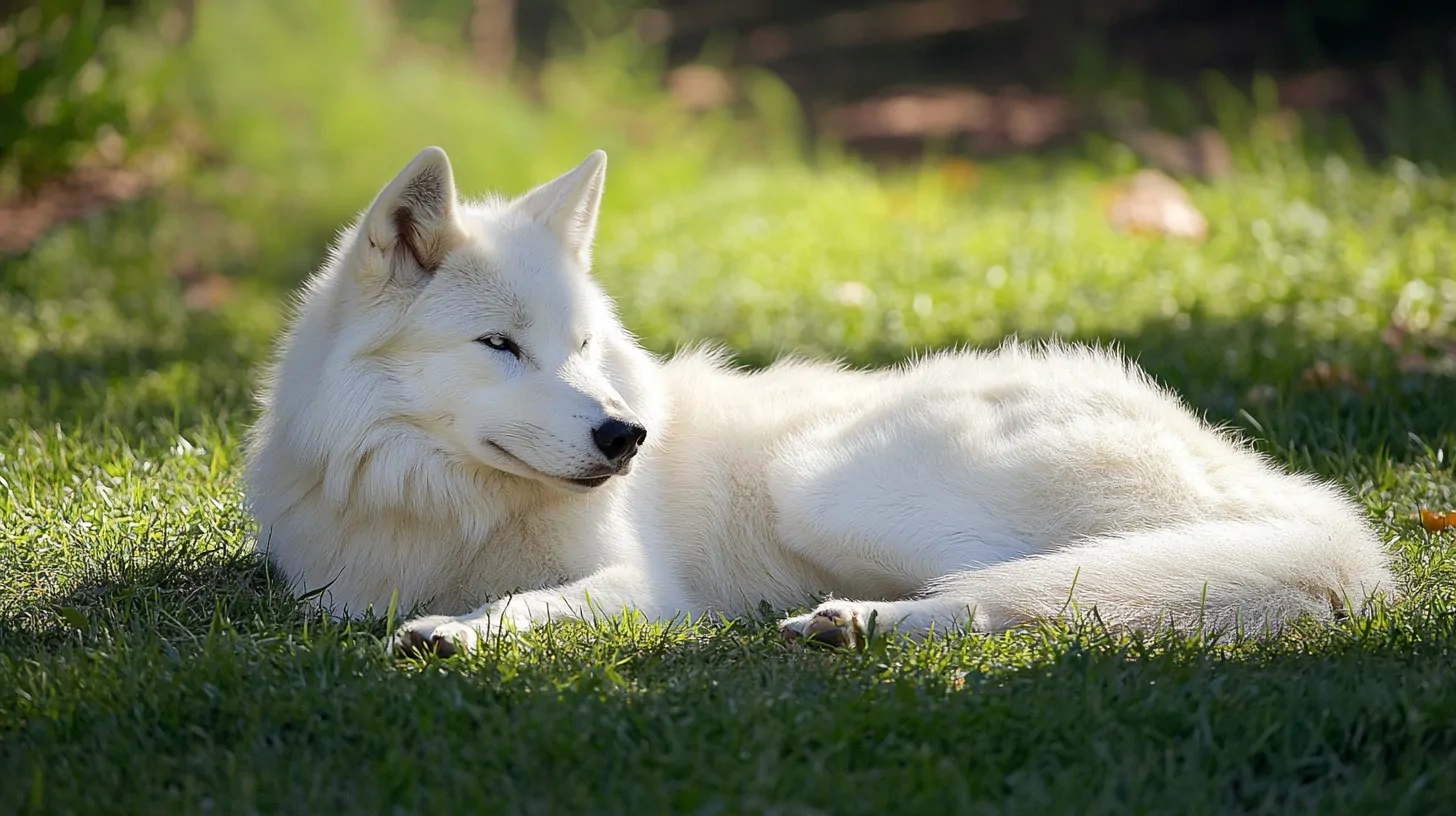 White wolf lying peacefully on green grass in a sunlit setting