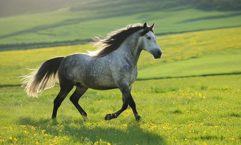 Andalusian horse gallops through a vibrant field filled with blooming yellow flowers under a clear blue sky