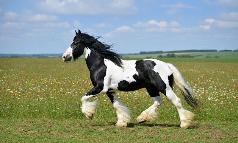 A black and white horse galloping through a lush green field under a clear sky