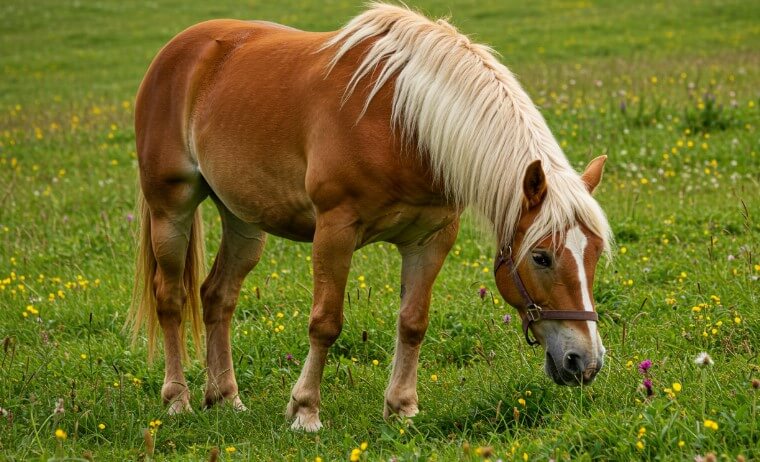 A horse grazing peacefully in a lush green field under a clear blue sky