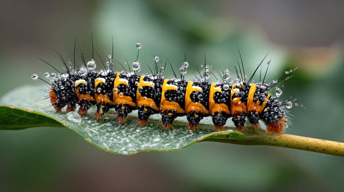 A colorful black and orange caterpillar covered in dew droplets resting on a green leaf, displaying striking spines and bright warning colors