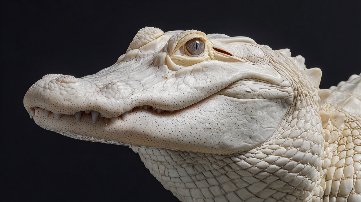 Close-up of an albino alligator with pale white skin and light eyes against a dark background