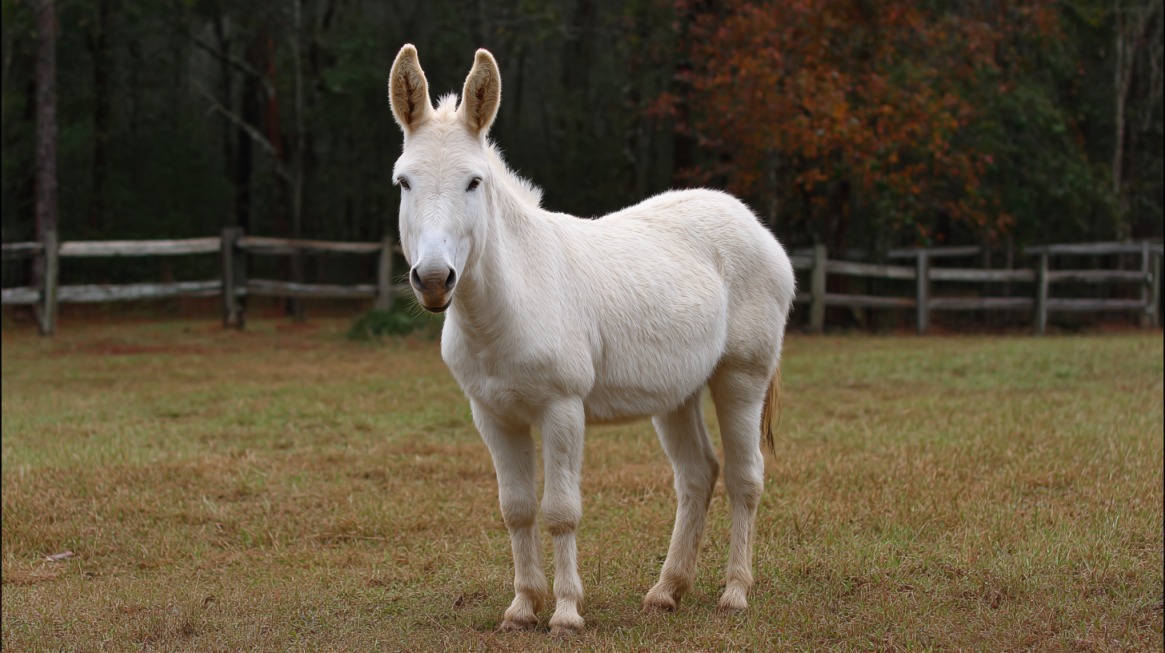 White albino donkey standing on grass in a fenced field with trees in the background