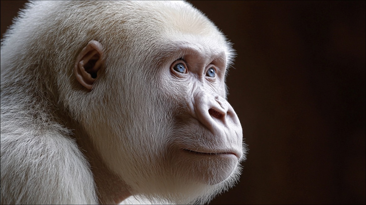 Side profile of an albino gorilla with white fur and blue eyes looking thoughtfully into the distance
