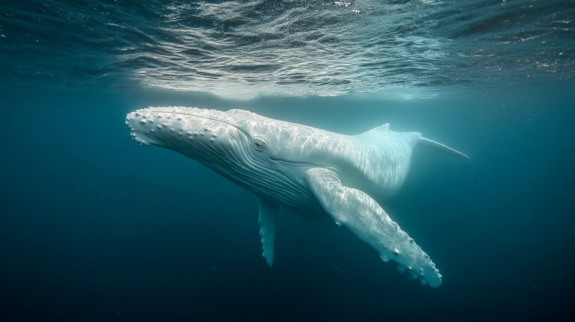 Underwater photo of a white albino humpback whale swimming gracefully near the ocean surface