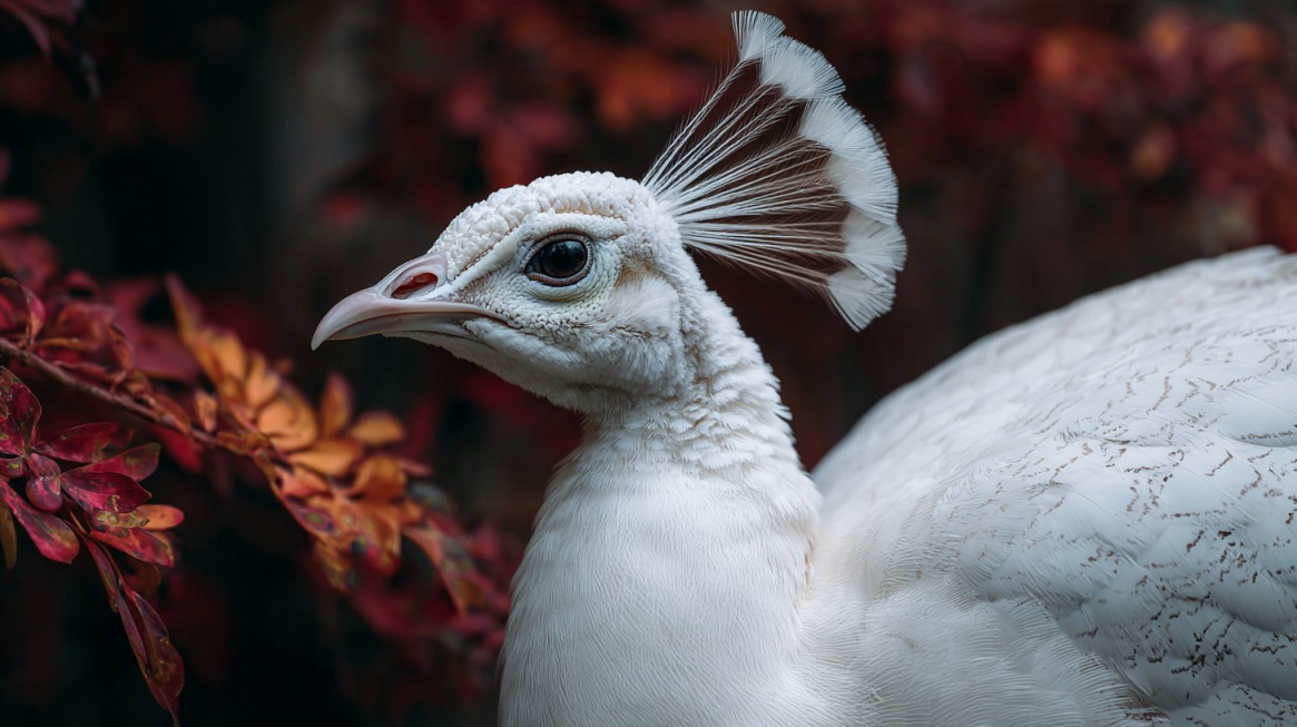 Close-up of a white albino peacock with delicate feathers and a small crest, standing against reddish foliage