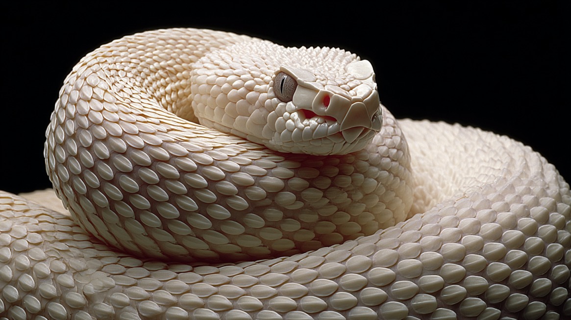 Close-up of a white albino rattlesnake coiled tightly against a dark background, showing smooth pale scales and pink eyes