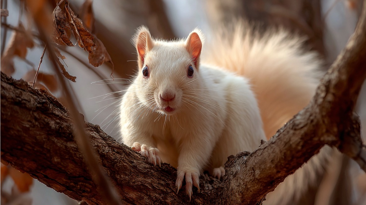 White albino squirrel with pink eyes and fluffy tail sitting alertly on a tree branch surrounded by brown leaves