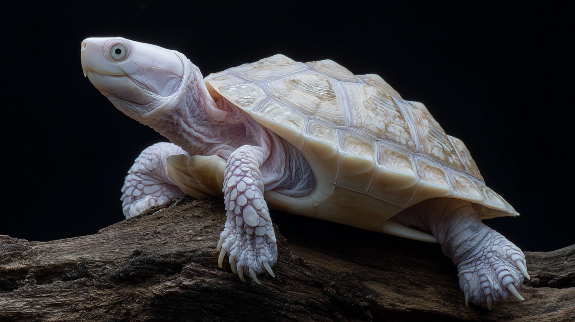 White albino turtle with pale pink skin and a cream-colored shell resting on a wooden log against a dark background