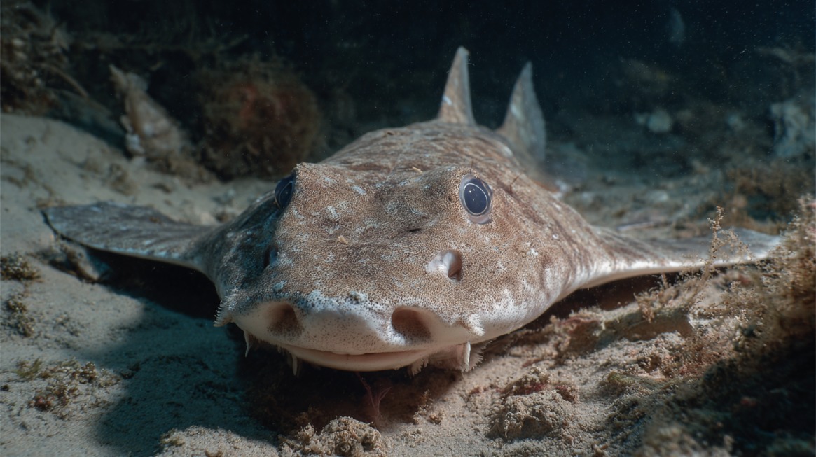 A flat-bodied angel shark resting on the seafloor, camouflaged with sand and surrounded by small bits of seaweed