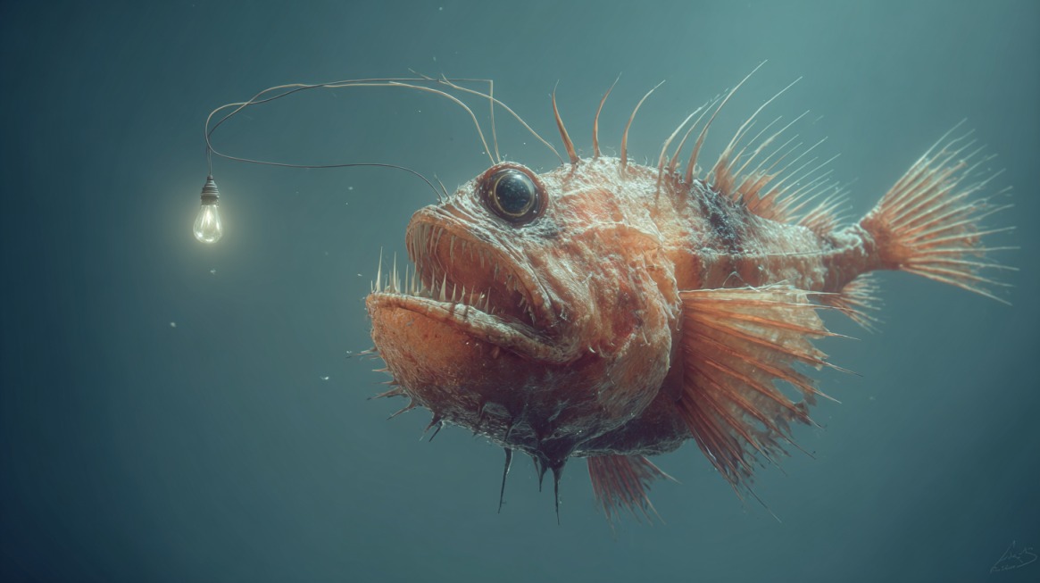 A deep-sea anglerfish with spiny fins and a glowing lure extending from its head, floating in dark blue ocean water