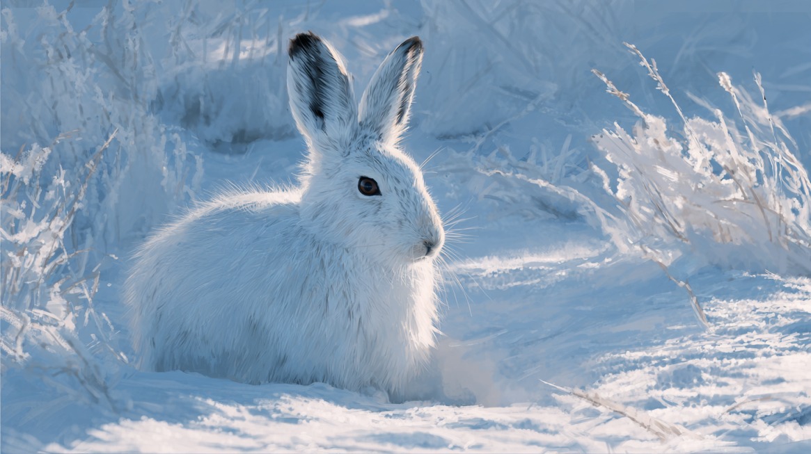 An Arctic hare with white fur sitting in a snowy field, blending into its icy surroundings