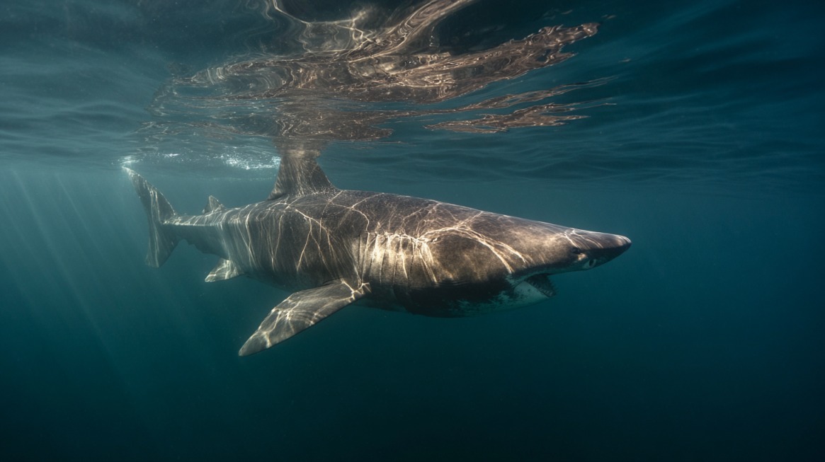 A large basking shark swimming just below the ocean surface, sunlight reflecting off its back