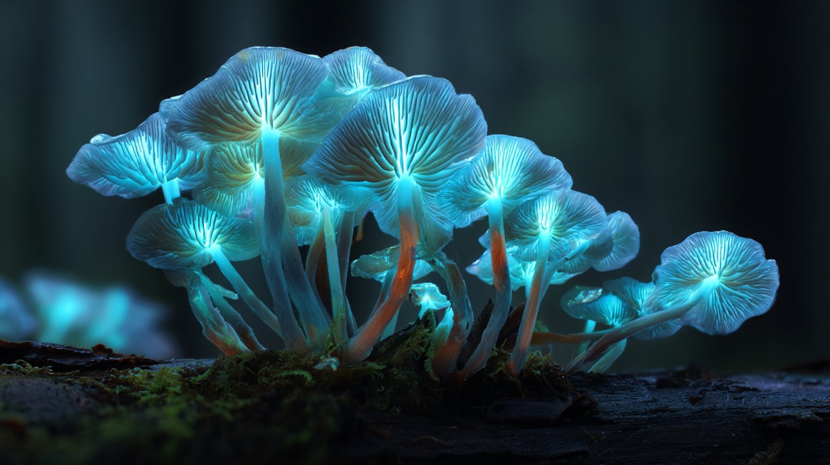 Cluster of blue-glowing mushrooms radiating light in a dark forest environment