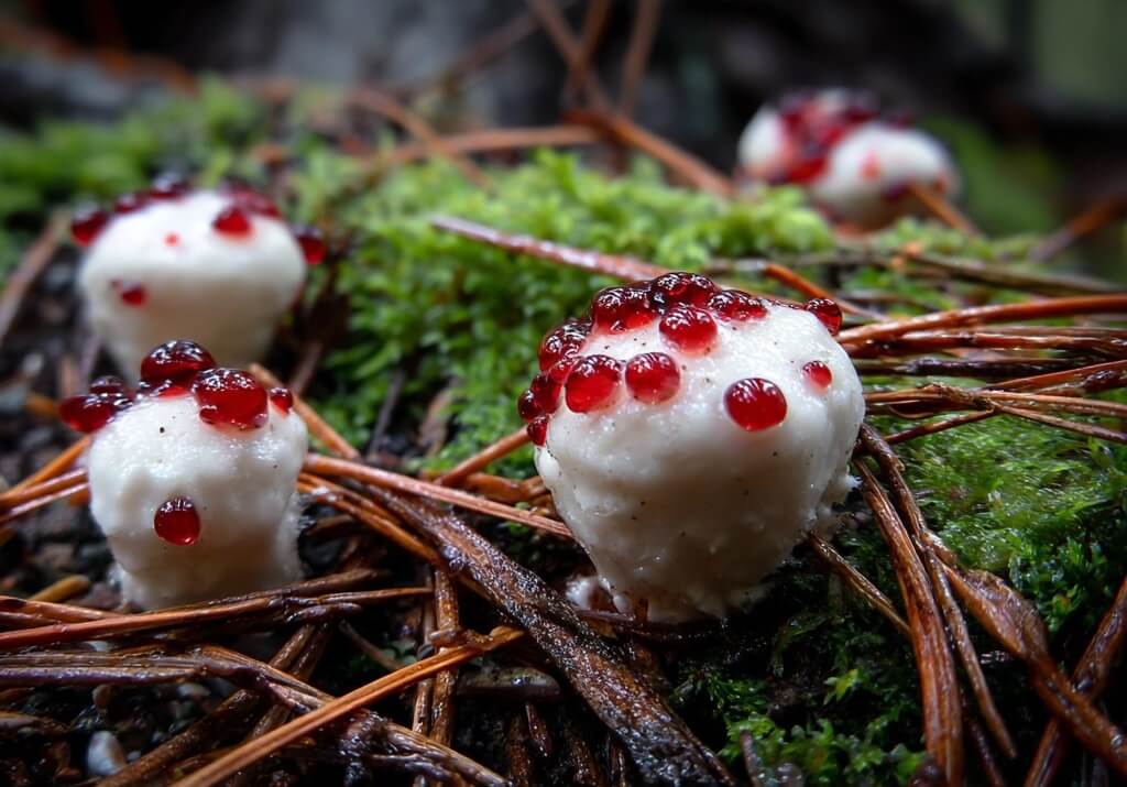 White fungus dotted with red droplets, nature’s eerie yet captivating creation