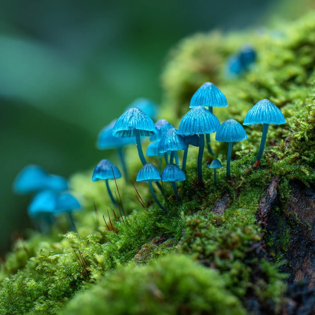 Electric blue mushrooms on a mossy log, a vivid symbol of forest magic and decay’s beauty