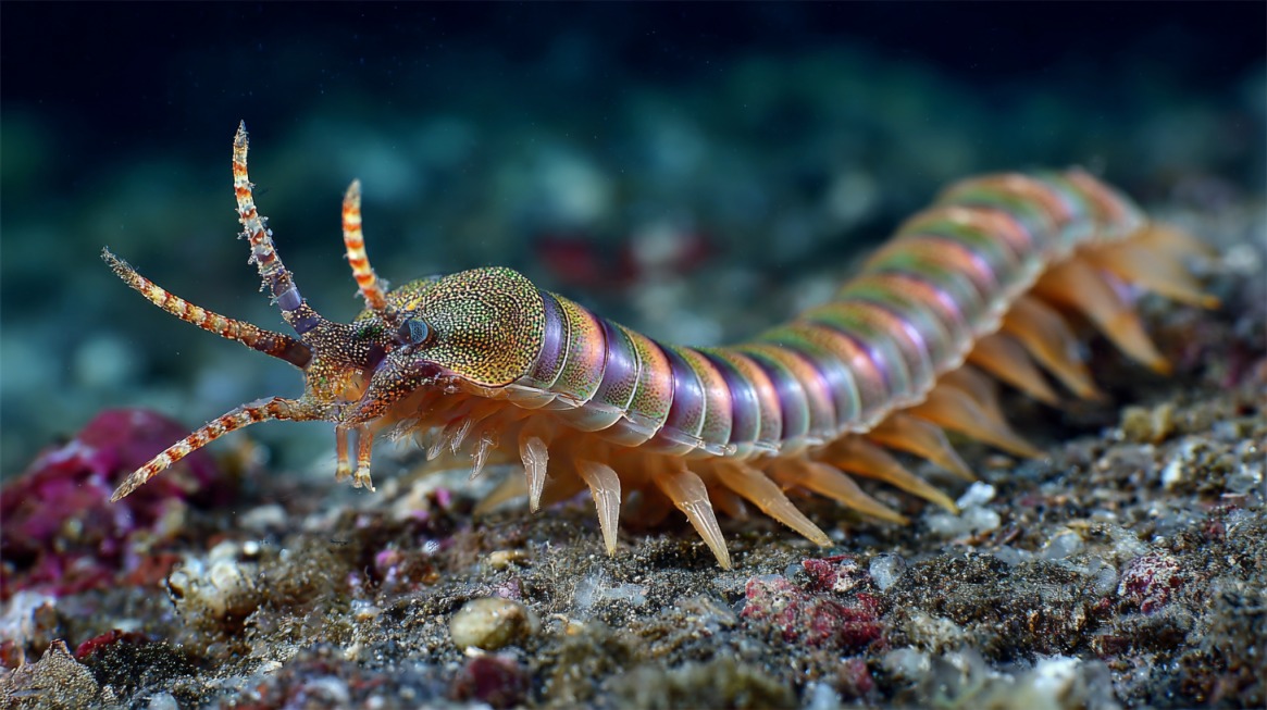 A colorful, iridescent Bobbit worm with sharp jaws and long antennae crawling on the ocean floor