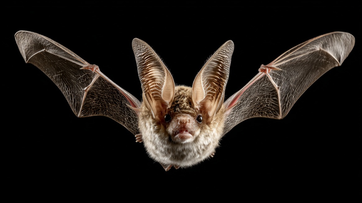 A brown bat with extremely large ears and delicate, translucent wings outstretched against a black background