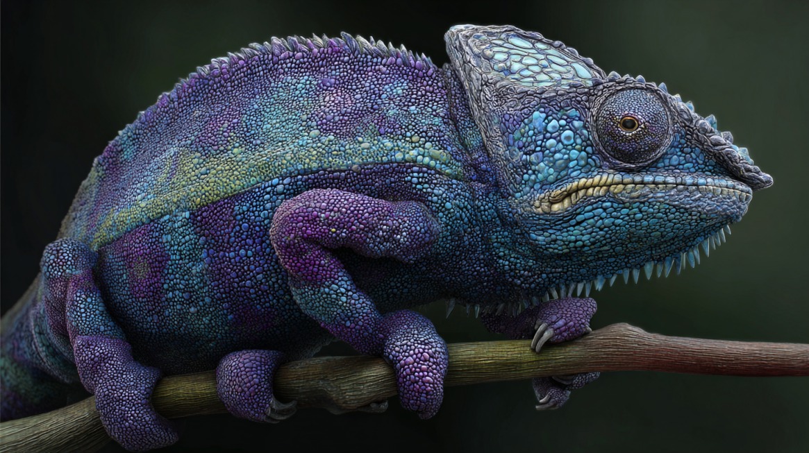 Close-up of a colorful chameleon with blue, purple, and green scales gripping a branch against a dark background