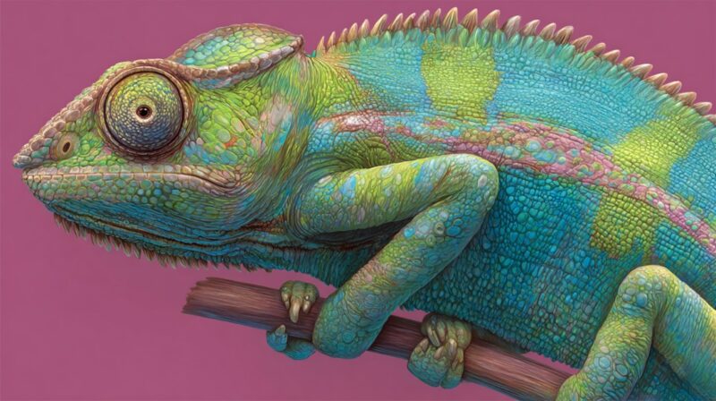 Close-up of a colorful chameleon with green, blue, and yellow scales clinging to a branch against a pink background