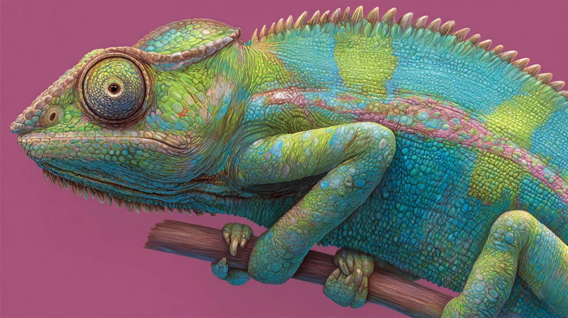 Close-up of a colorful chameleon with green, blue, and yellow scales clinging to a branch against a pink background