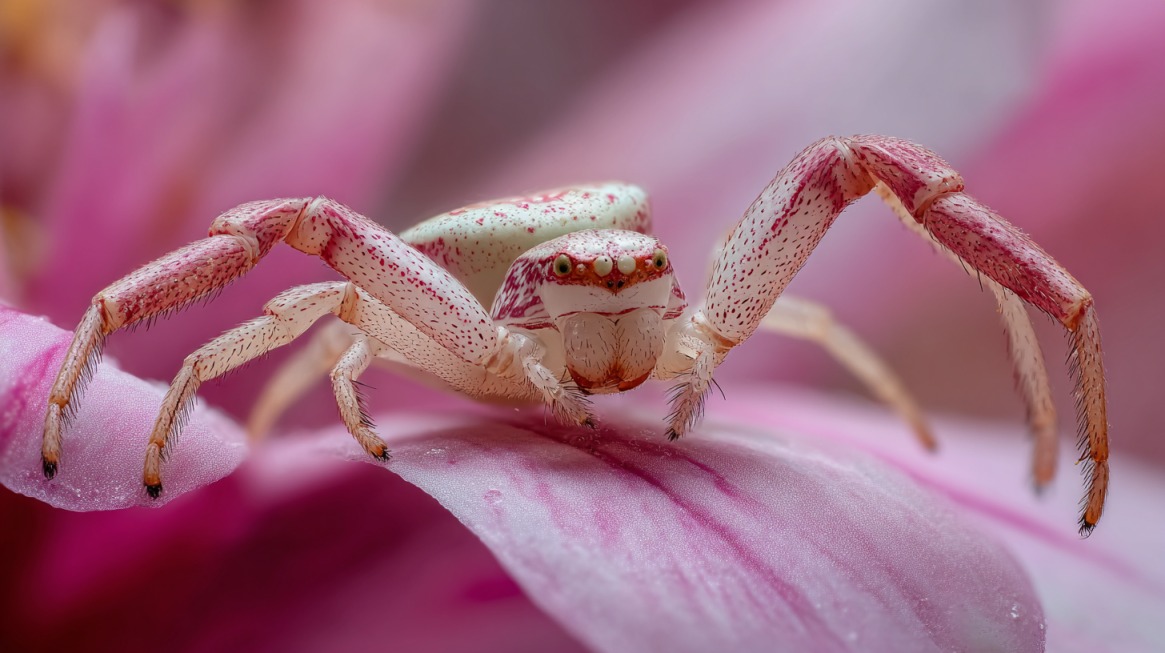 A white and pink crab spider resting on a flower petal, blending into its surroundings