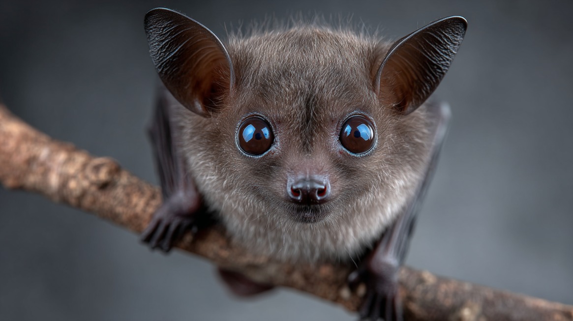 Close-up of a small bat perched on a branch, with large reflective eyes, rounded ears, and fine brown fur, gazing directly into the camera