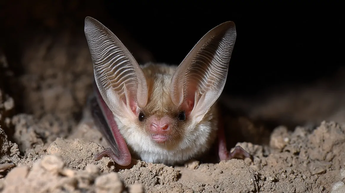A pale bat with very large translucent ears and small dark eyes resting on sandy ground inside a cave or burrow