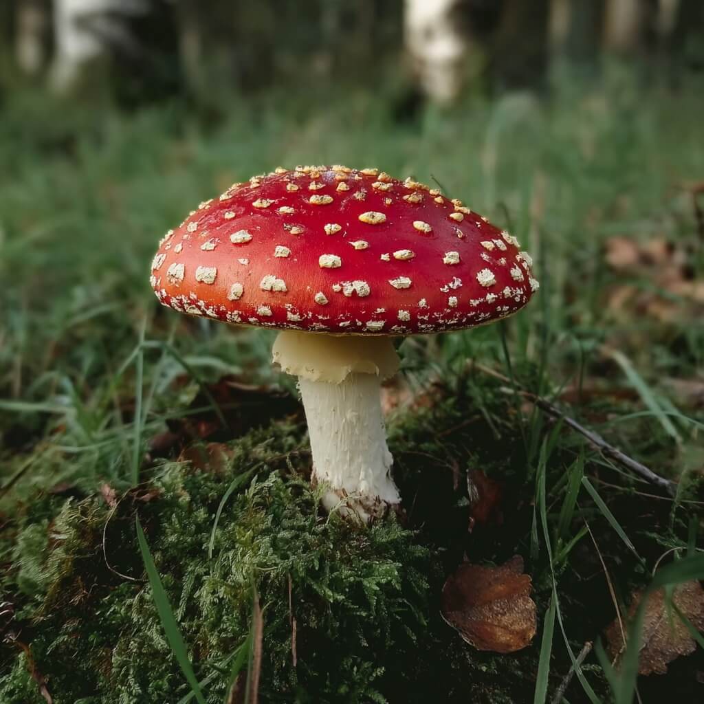 Iconic red-and-white mushroom often seen in folklore, warning of its potent chemistry