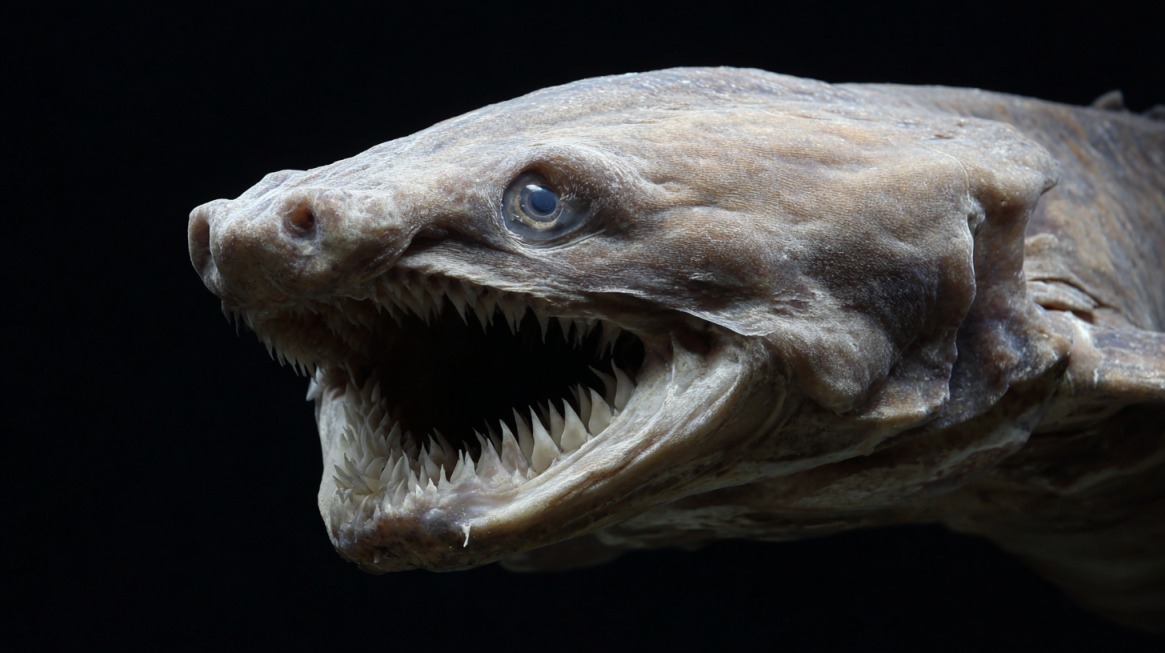 Close-up of a frilled shark showing its open mouth lined with rows of needle-like teeth and rough, eel-like skin against a dark background