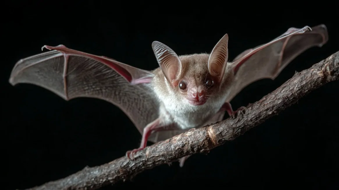 A pale bat with large translucent ears and wide wings perched on a branch against a dark background, facing the camera