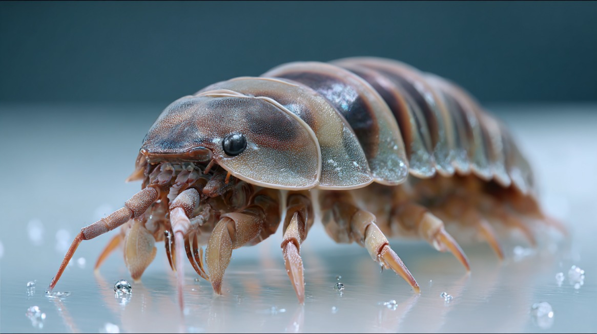 A close-up of a giant isopod with a segmented brown shell, shiny black eyes, and multiple legs, standing on a wet reflective surface