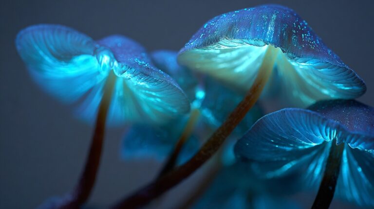 Close-up of blue bioluminescent mushrooms glowing in the dark with delicate illuminated caps
