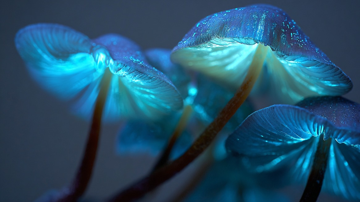 Close-up of blue bioluminescent mushrooms glowing in the dark with delicate illuminated caps