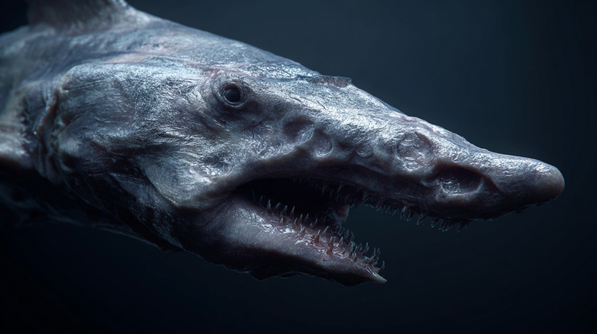 Close-up of a goblin shark showing its long, flattened snout, pale skin, and sharp protruding teeth, set against a dark underwater background