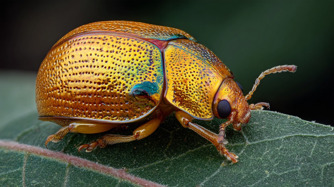 A close-up of a golden tortoise beetle with a shiny metallic shell resting on a green leaf