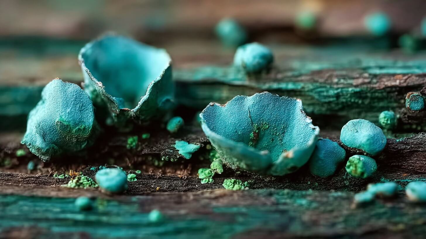 Turquoise fungus that stains wood, once prized by Renaissance artisans for “green oak” crafts