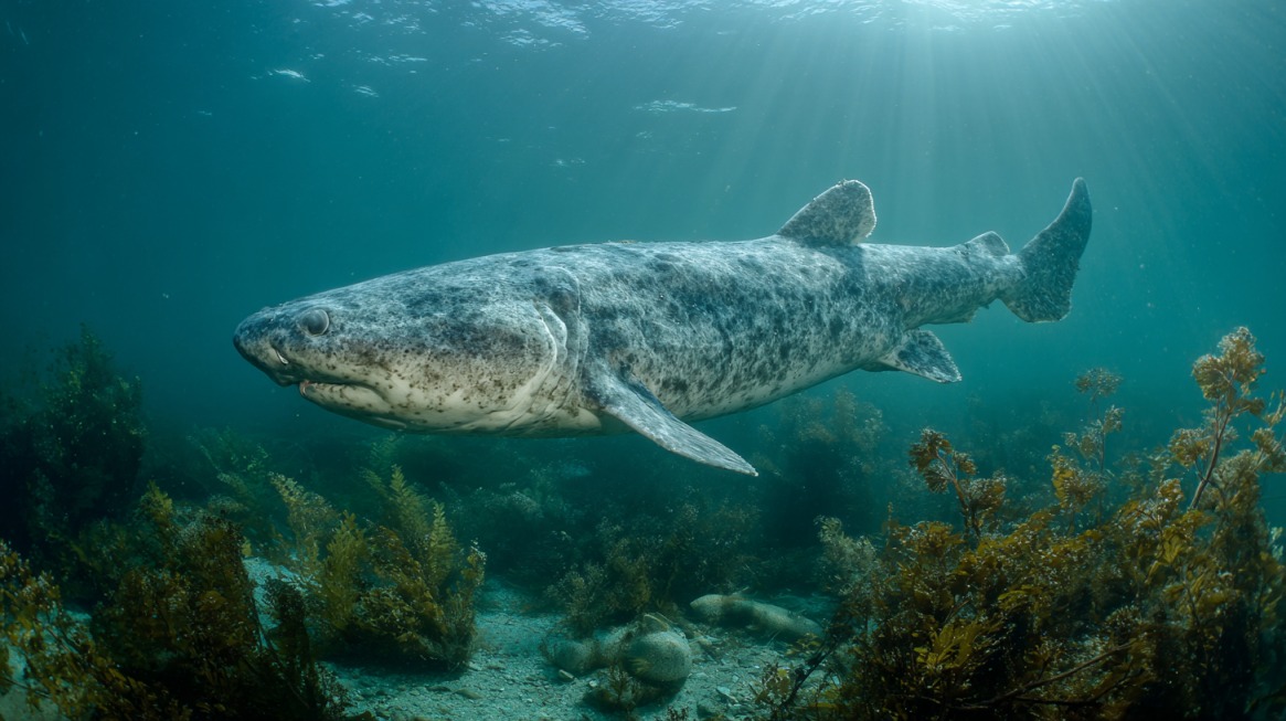 A large Greenland shark swimming slowly near the seafloor, surrounded by cold-water seaweed and dim sunlight filtering through the surface
