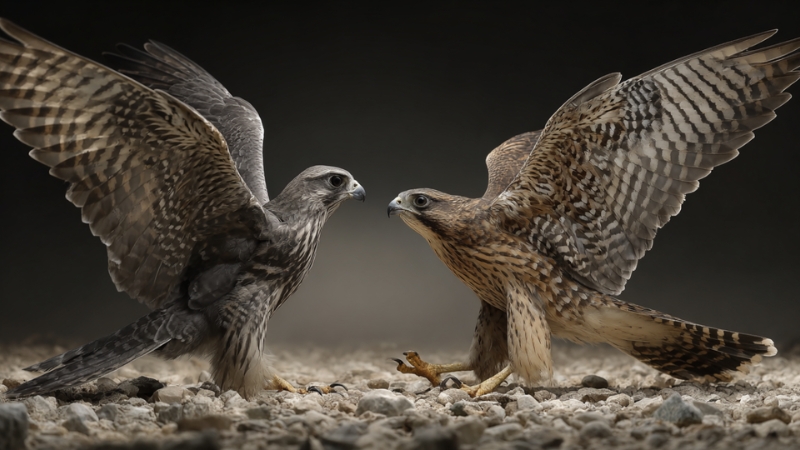 Two birds on rocky ground with wings raised, showing hawk vs falcon differences in posture and plumage