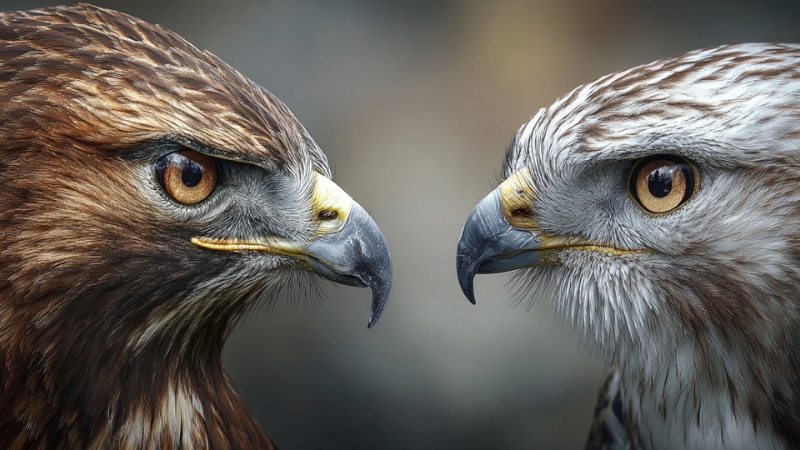 Close-up side-by-side photo of a hawk vs falcon