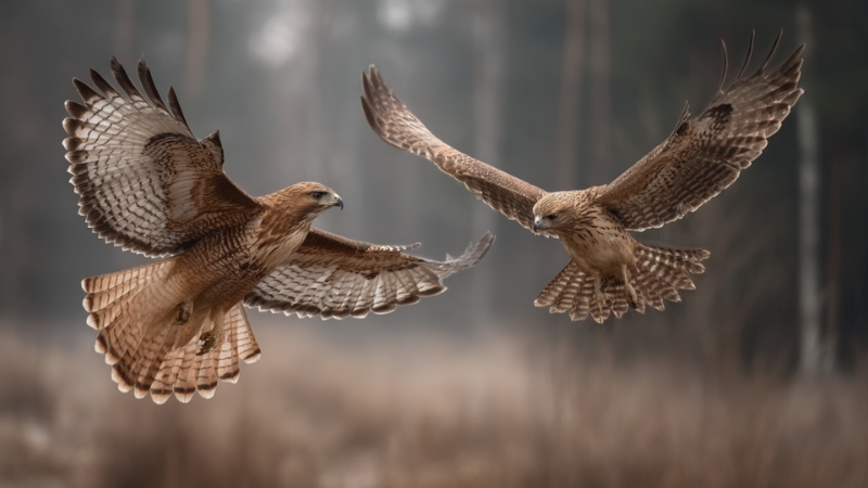 Two birds mid-air with wings spread, showing hawk vs falcon hunting behavior and flight posture during pursuit