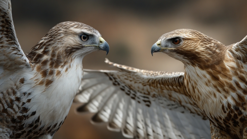 Two birds facing each other in flight showing clear hawk vs falcon features