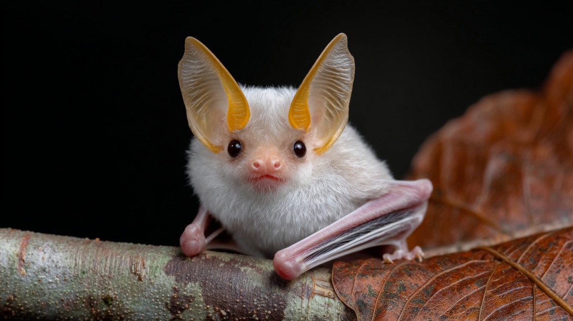 Close-up of a white bat with bright yellow ears and pink nose perched on a branch, set against a dark background with brown leaves