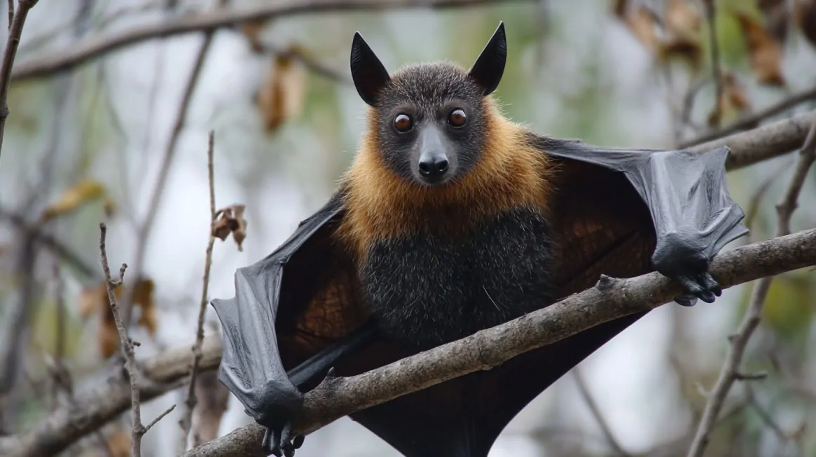 A large bat with dark fur and an orange-brown collar hanging from a tree branch with wings partly spread, surrounded by forest branches