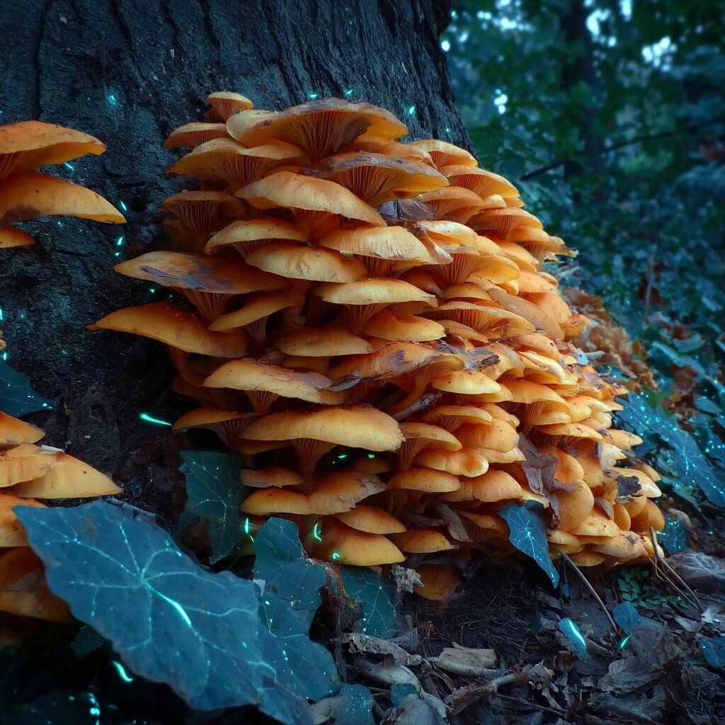 Clusters of glowing orange mushrooms that light up the forest with eerie bioluminescence