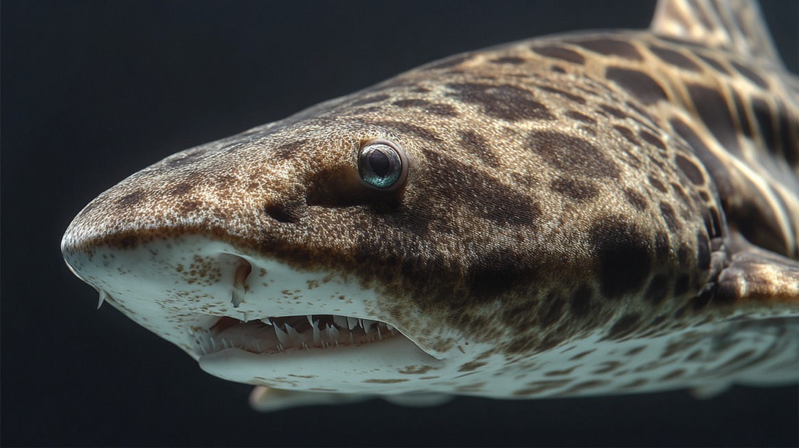 Close-up of a leopard shark showing its distinctive dark spots and patterned skin underwater