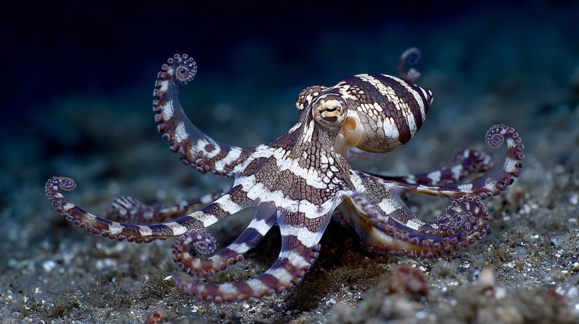 A mimic octopus displaying brown and white stripes while spreading its arms across the ocean floor